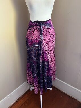 Boho Pink & Purple Printed Maxi Skirt with Tie Waist